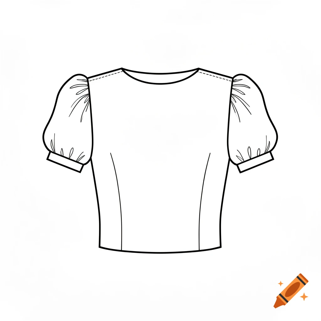 A black and white technical fashion illustration of a short-sleeved blouse with puffed shoulders.