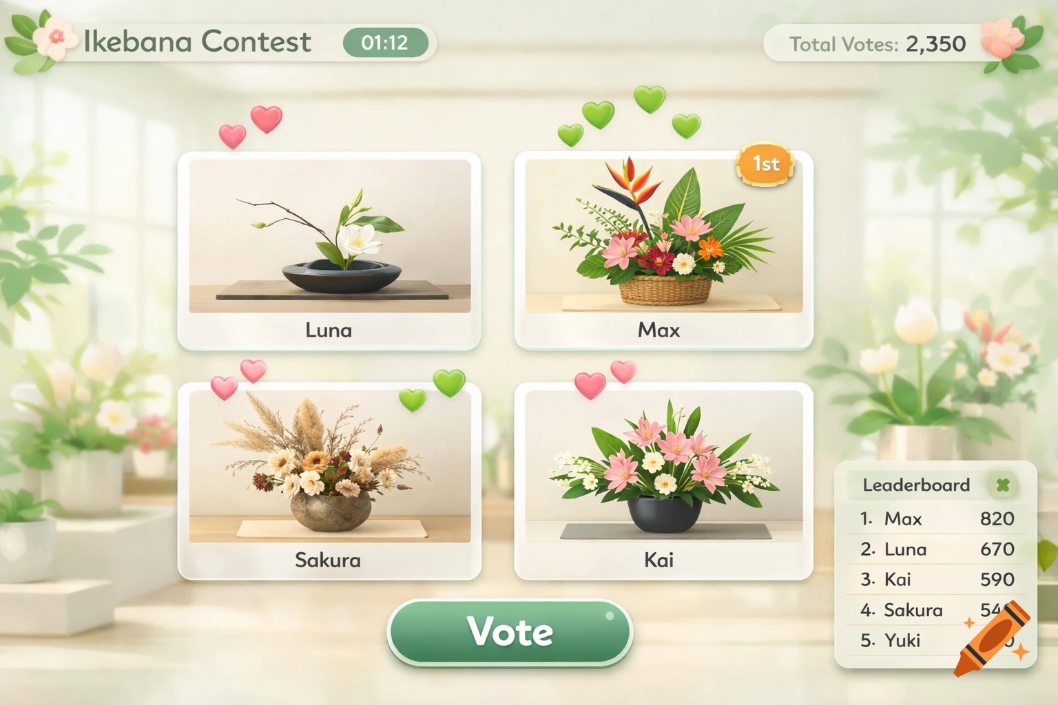 An Ikebana Contest browser game UI showing four flower arrangements and a leaderboard, with a 'Vote' button.