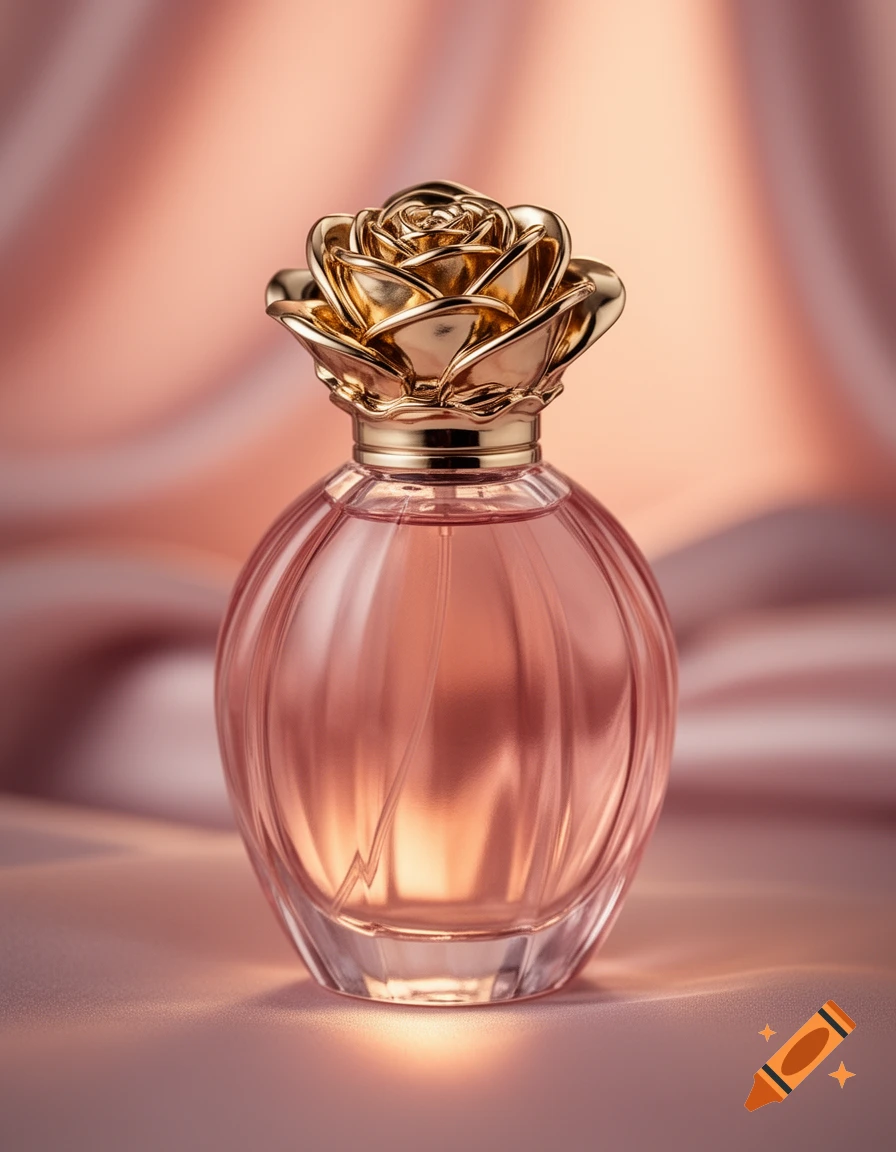 A photorealistic image of a rose gold perfume bottle with a golden rose-shaped cap, set against a soft, draped peach fabric background.