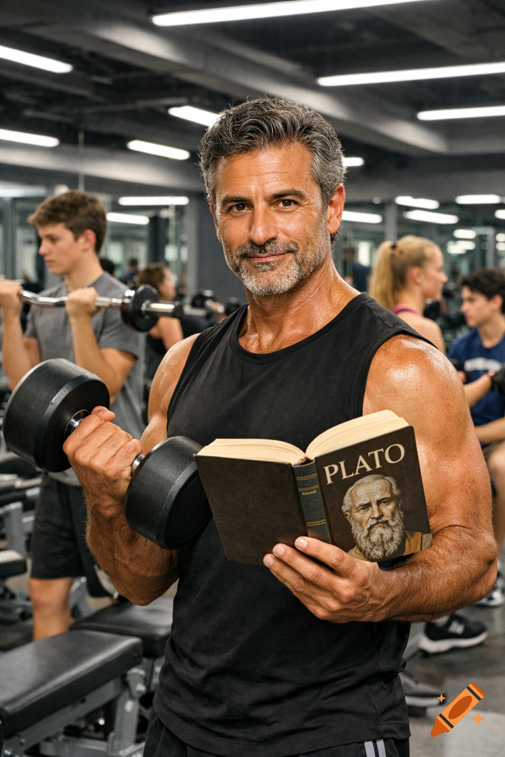 A man in a gym curls a dumbbell and holds a book with 'PLATO' on the cover, featuring an image of the philosopher.