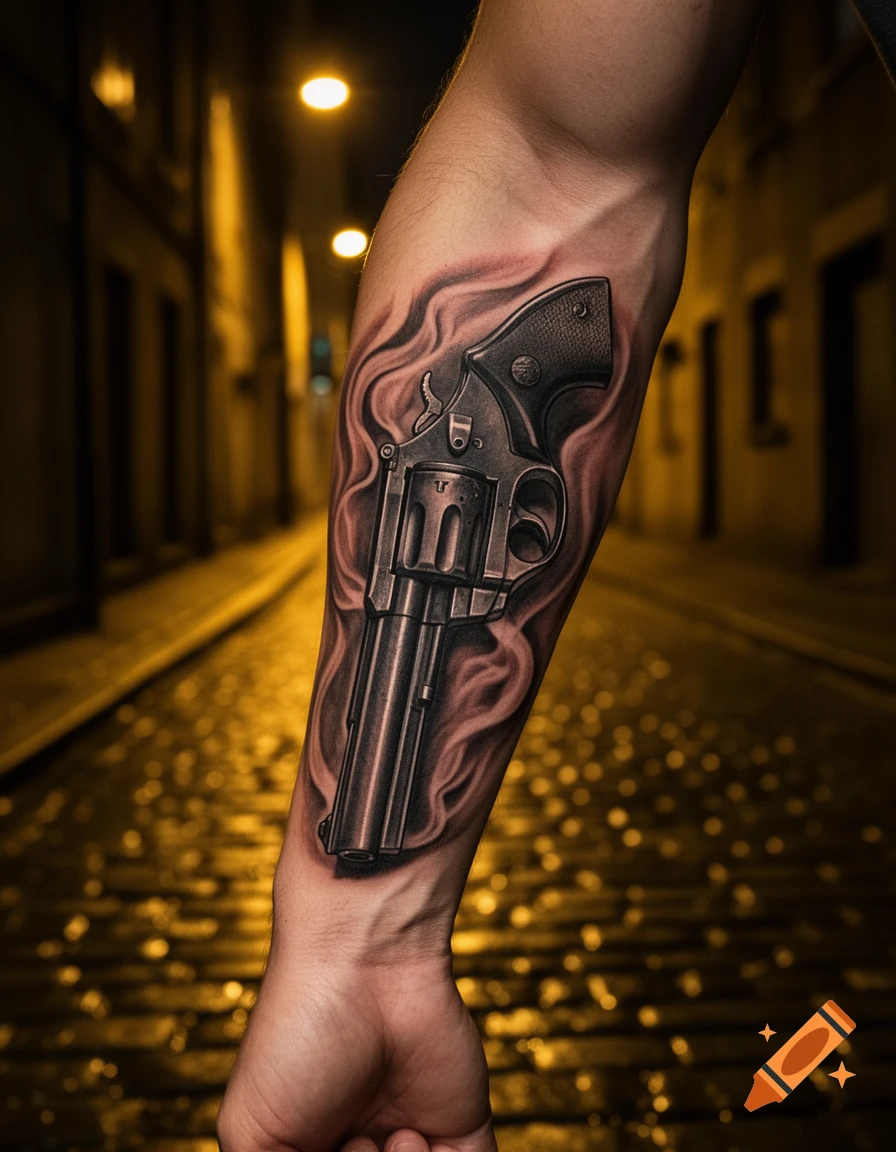 Realistic tattoo of a revolver on a person's forearm, set against a blurred night street with streetlights.