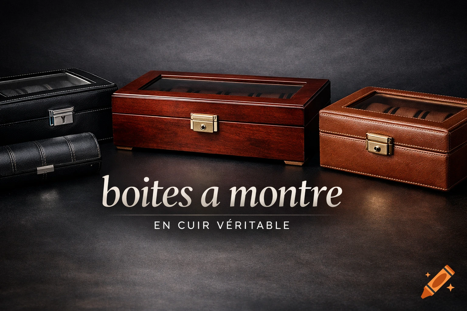Three elegant watch boxes, one black leather, one dark wood, and one brown leather, displayed on a dark surface with text.