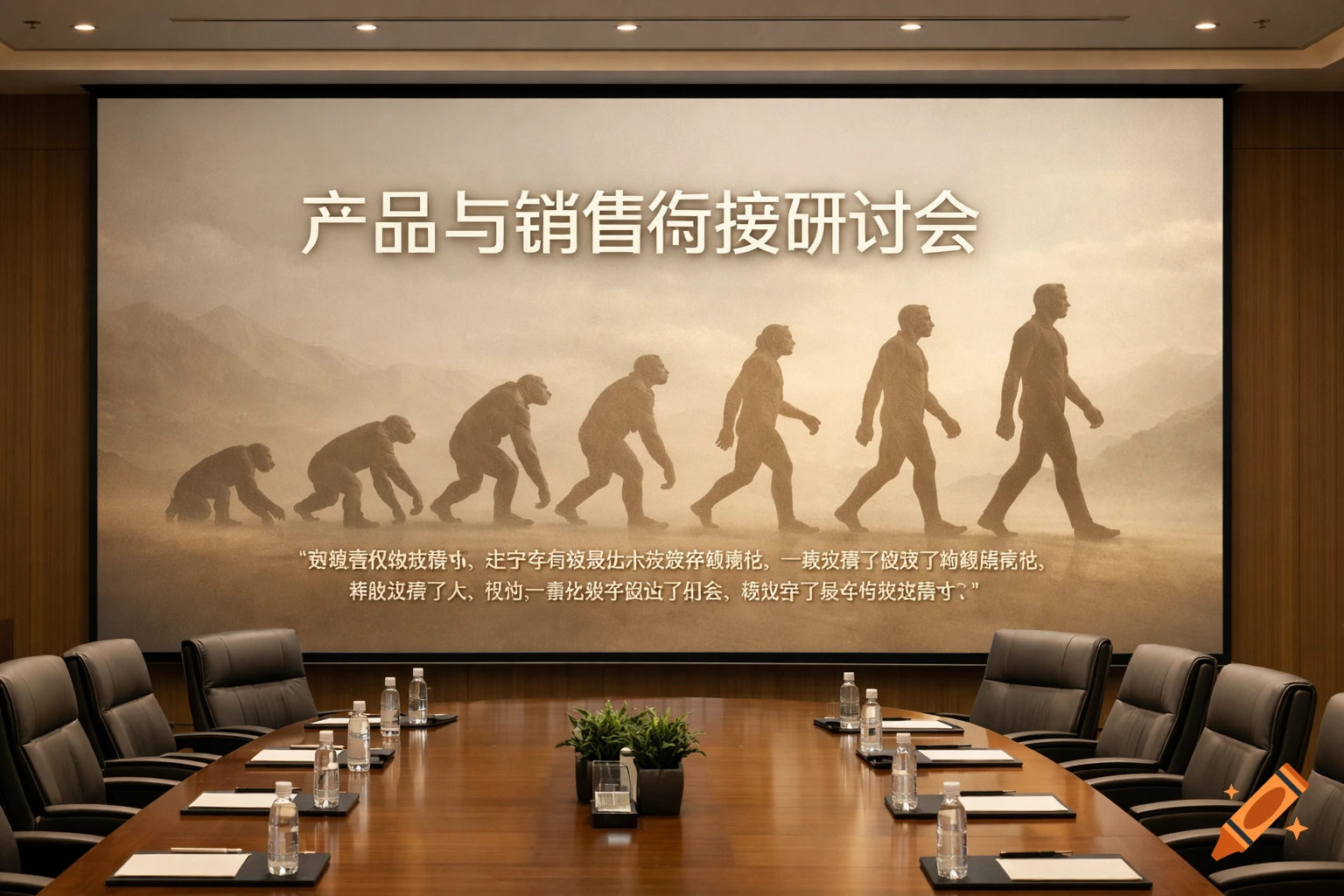 A professional conference room with a large screen displaying a human evolution graphic and Chinese text, set against a mountainous background.