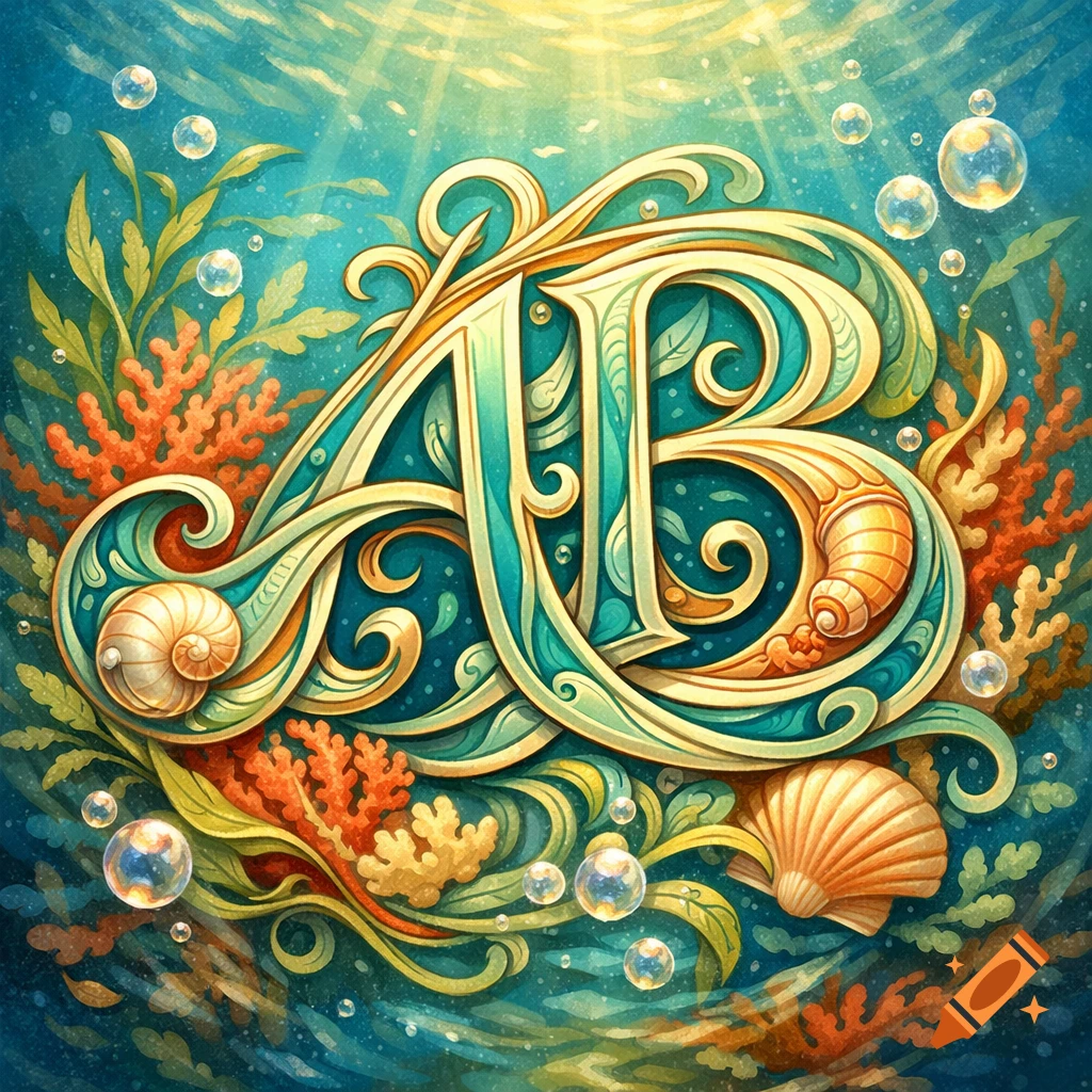 Colorful ornate Art Nouveau letters AB surrounded by coral, seaweed, and bubbles in an underwater scene.