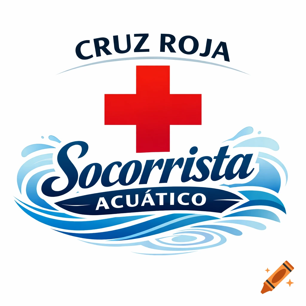 Logo for Red Cross Aquatic Lifeguard with a red cross, 'CRUZ ROJA', and 'Socorrista ACUÁTICO' text on blue waves.