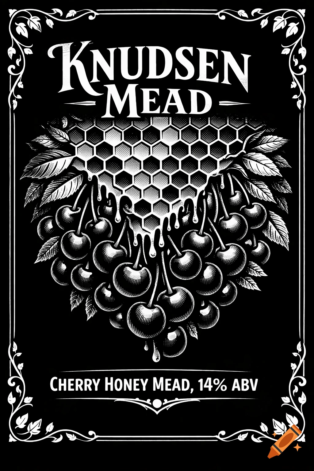 A black and white label for Knudsen Mead, featuring a honeycomb dripping honey over a cluster of cherries, with text "Cherry Honey Mead, 14% ABV".