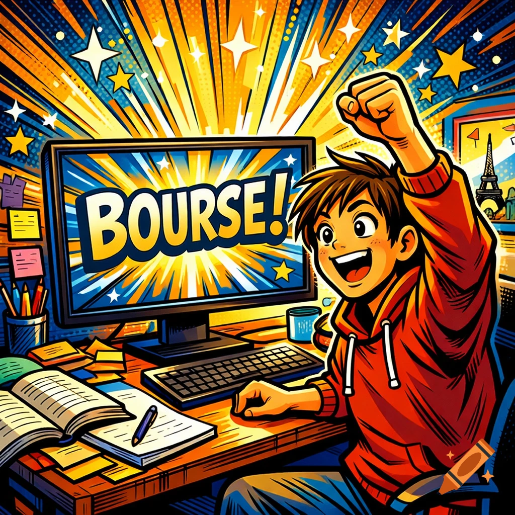 A triumphant cartoon student in a red hoodie celebrates in front of a computer screen displaying "BOURSE!" in a vibrant comic style.