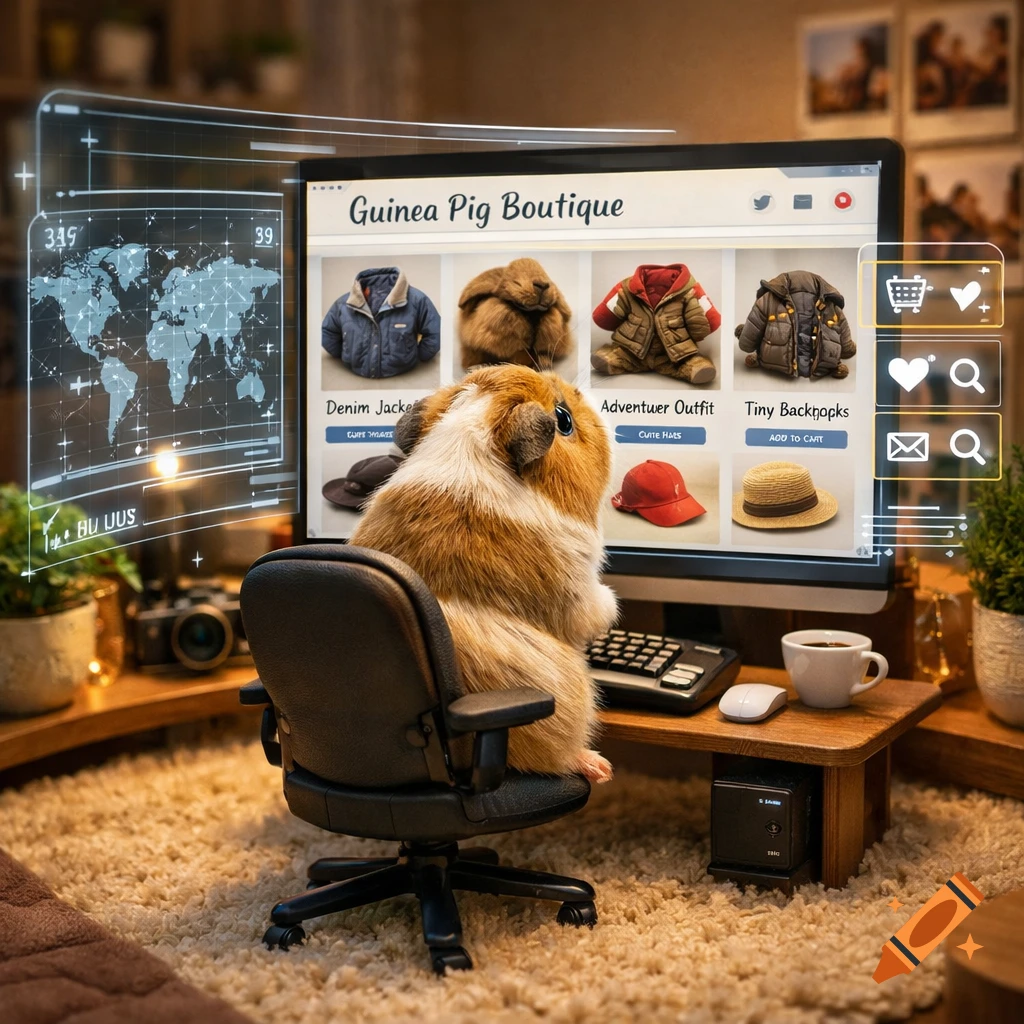 A guinea pig sits in an office chair at a desk, looking at a computer screen displaying an online clothing boutique for guinea pigs. A holographic map HUD is also visible.