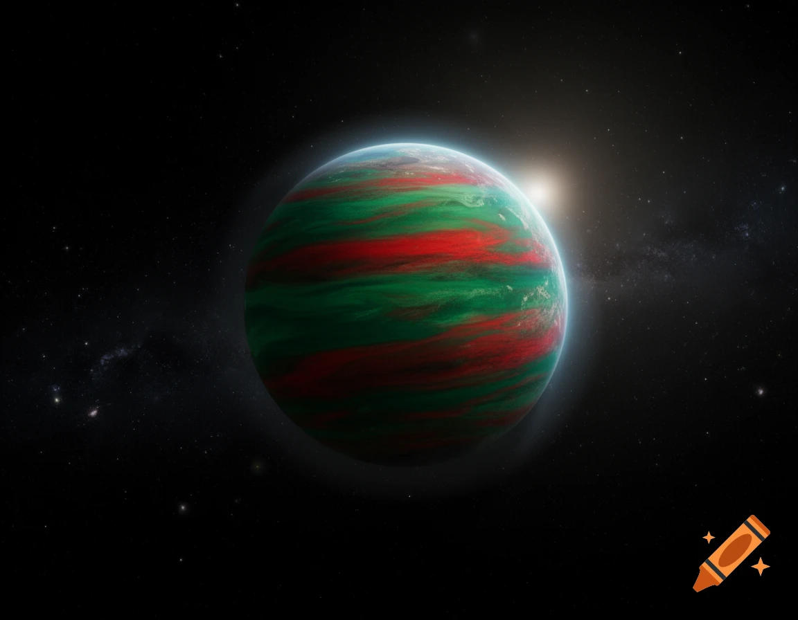 A colorful striped planet in green and red with a bright glow from a nearby sun, set against a dark, star-filled space.