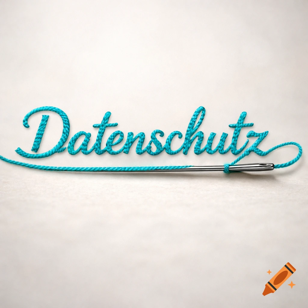 The German word "Datenschutz" (Data Protection) spelled in turquoise thread with a silver sewing needle underneath, on a light textured background.