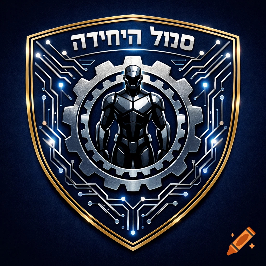 Gold-edged blue shield emblem with a black robot in a silver gear, glowing circuit lines, and Hebrew text.