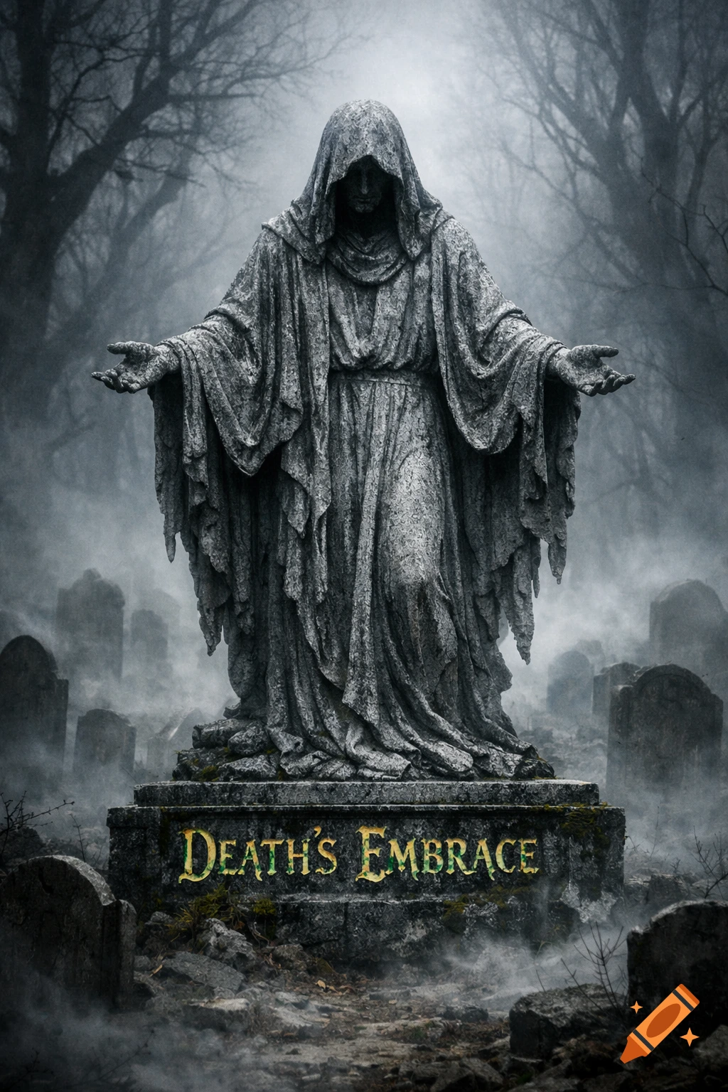 A dark, hooded stone statue with outstretched arms stands in a foggy graveyard, with 'DEATH'S EMBRACE' carved into its base.