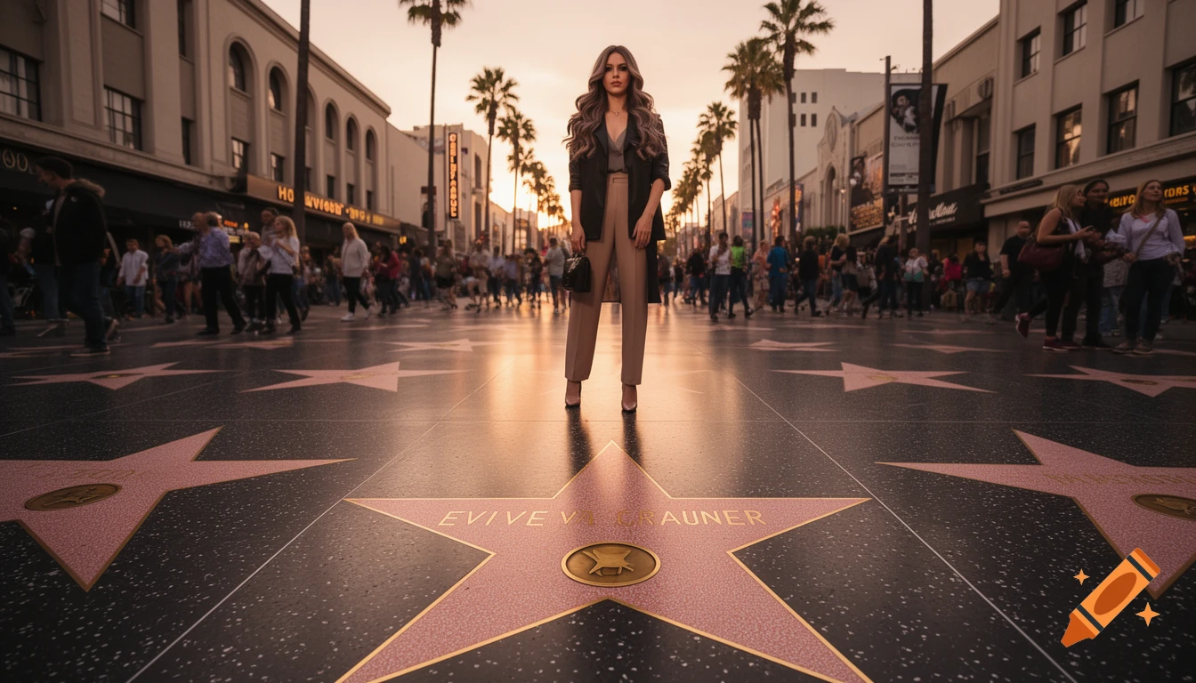 A woman with long wavy hair stands on a Hollywood Walk of Fame star ...