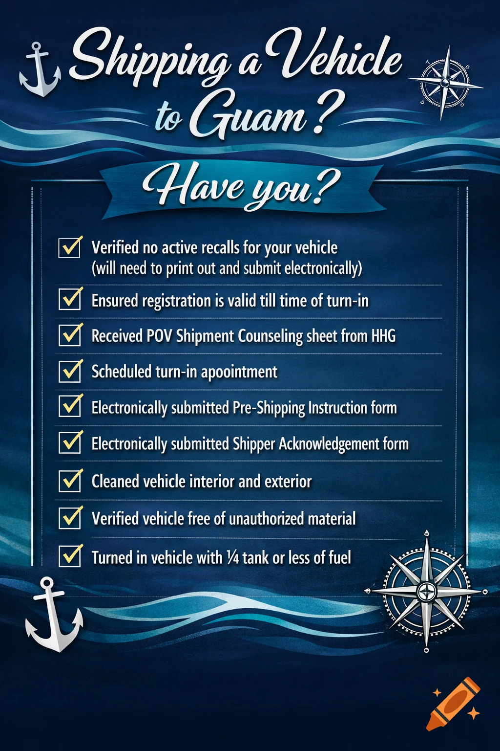 A dark blue flyer with nautical themes, including anchors and a compass rose, titled "Shipping a Vehicle to Guam? Have you?" followed by a checklist of nine items.