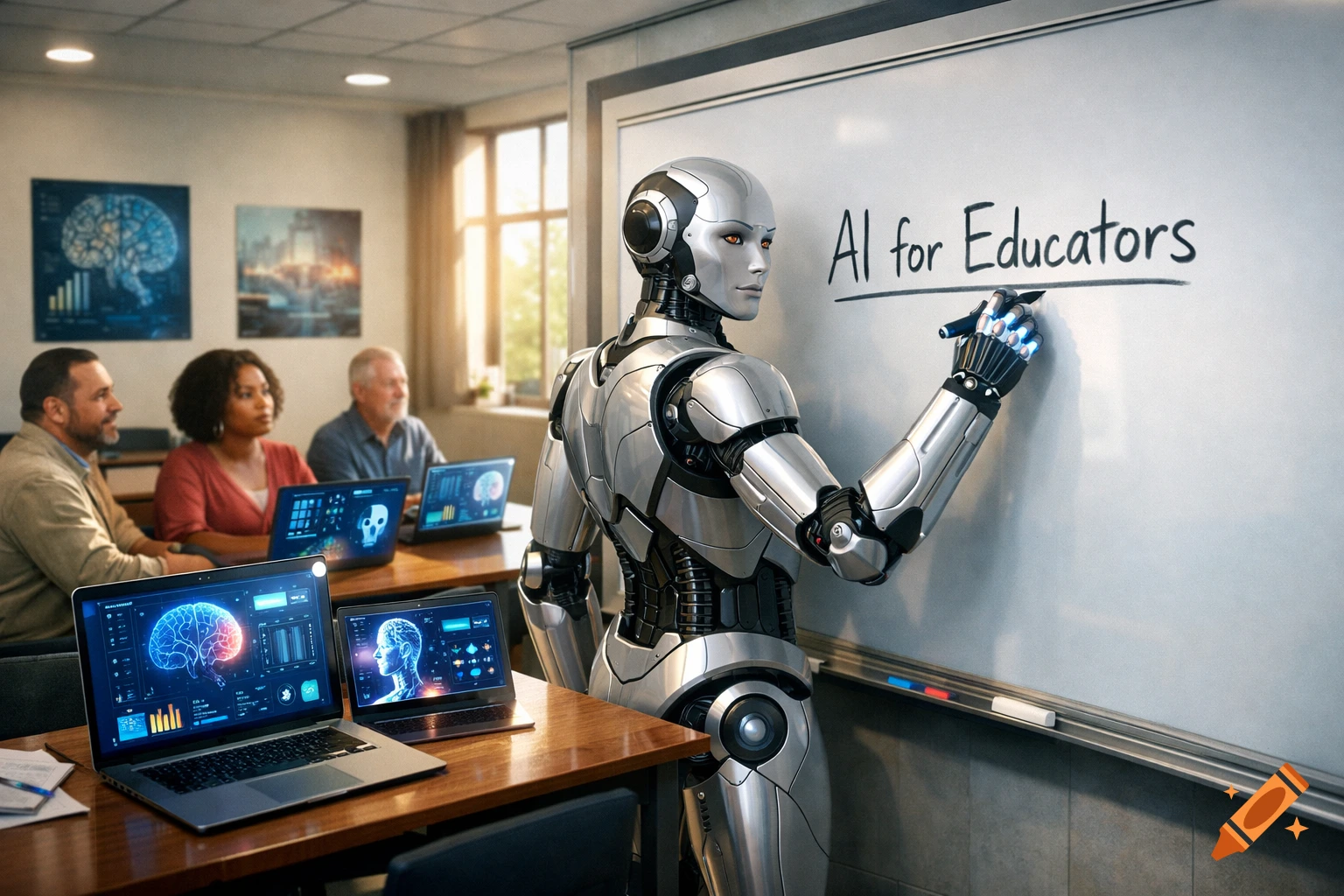 A humanoid robot writes "AI for Educators" on a whiteboard in a classroom where adults watch, with laptops displaying brain imagery on desks.