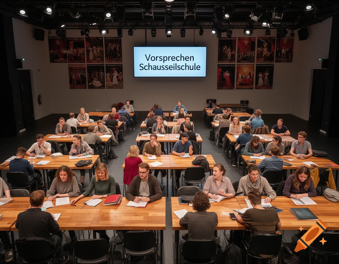 A large group of students sitting at wooden tables in an auditorium, facing a screen displaying 'Vorsprechen Schauspielschule'.