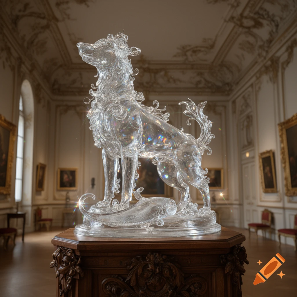 An ornate, clear glass sculpture of a dog stands on a dark wooden pedestal in a lavish, museum-like room with classical paintings.