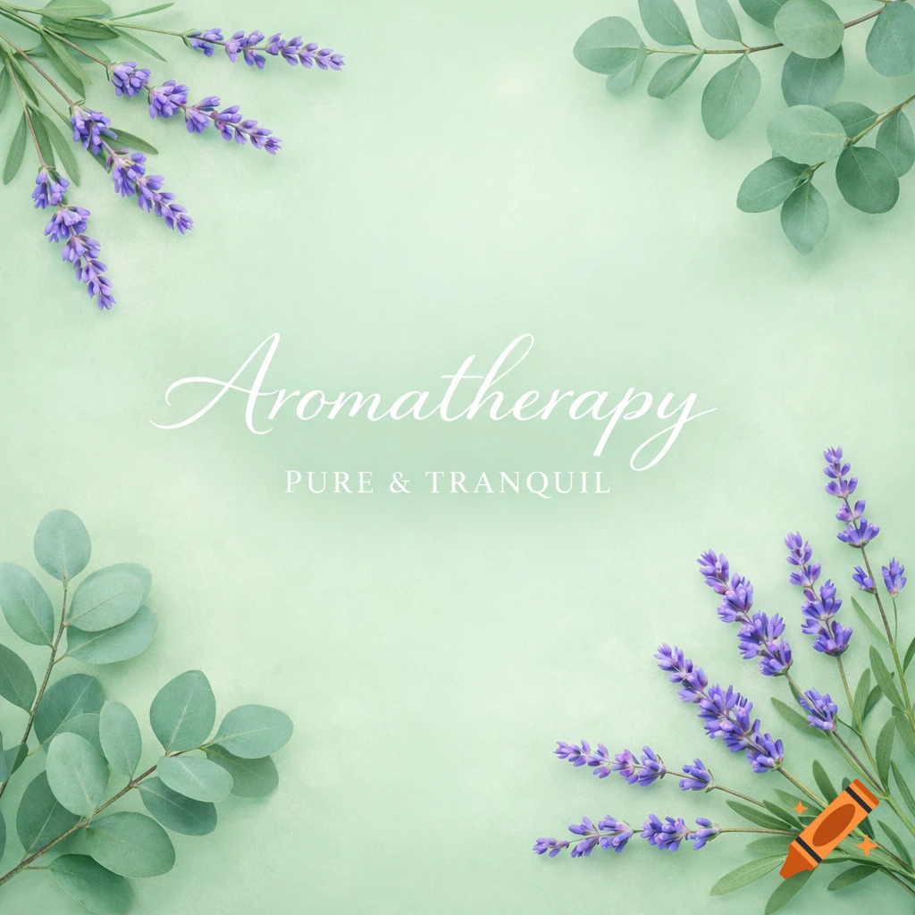 Lavender and eucalyptus sprigs frame "Aromatherapy PURE & TRANQUIL" text on a soft pastel green background in a minimalist style.