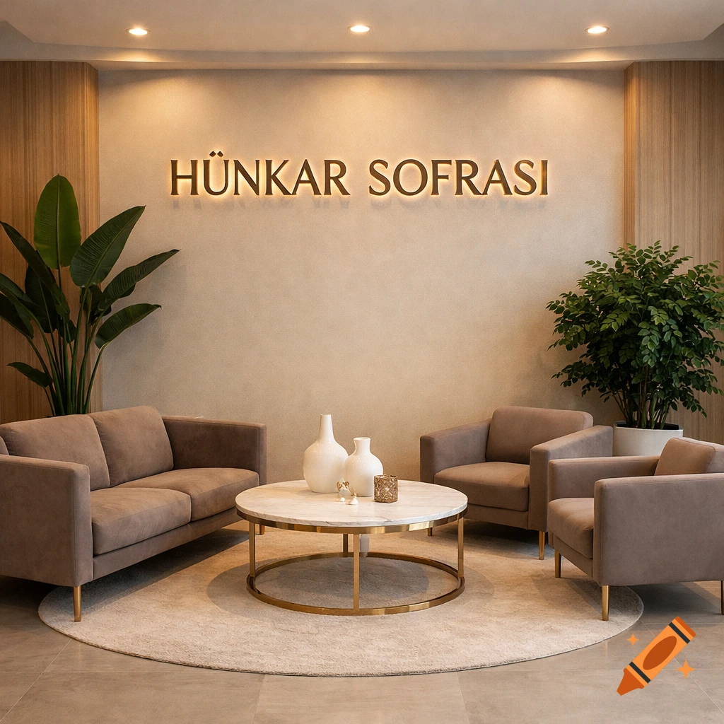 A modern, elegant restaurant lounge with a brown sofa, armchairs, a marble coffee table, plants, and 'HÜNKAR SOFRASI' text on the wall.