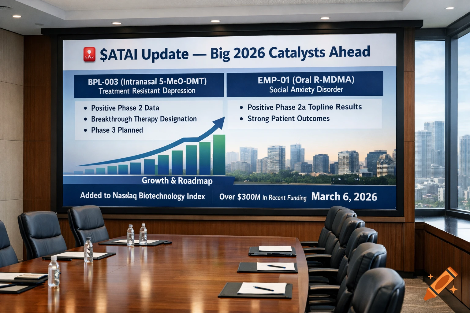 A corporate meeting room with a large screen displaying a financial presentation about ATAI, growth, and 2026 catalysts, with city skyline views from a window.
