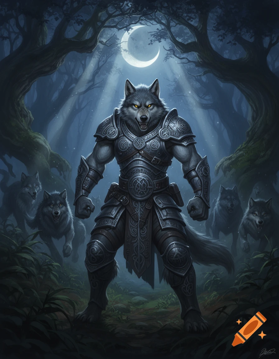 An armored wolfman with glowing eyes stands in a dark, moonlit forest, surrounded by several wolves. Fantasy art style.