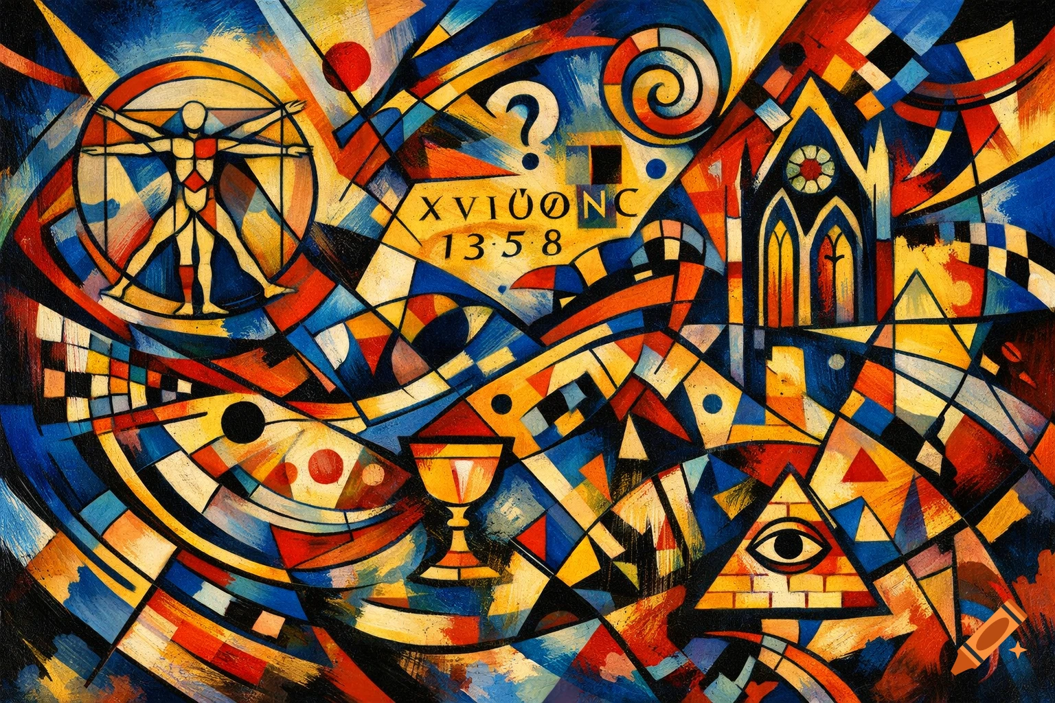 Vibrant abstract geometric painting in Kandinsky style, featuring symbolic elements like the Vitruvian Man, a church, a chalice, and the Eye of Providence.