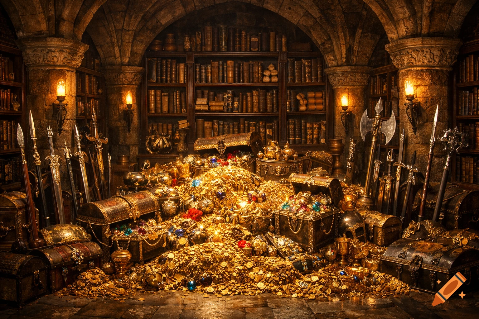 A massive treasure room vault filled with gold coins, sparkling jewels, ancient weapons, and rows of old books.