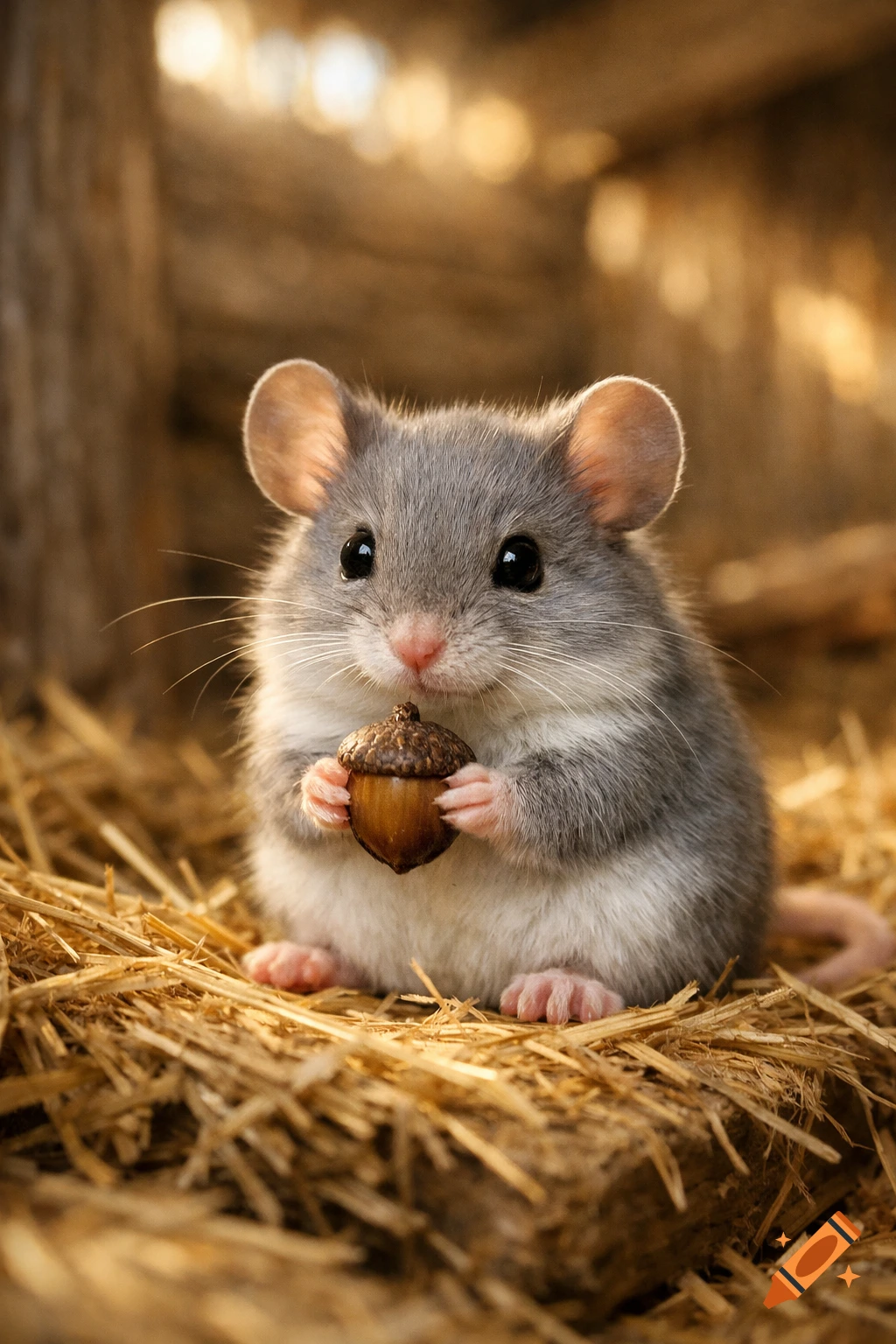 A cute, photorealistic gray and white mouse sitting on hay, holding a brown acorn in its tiny paws.