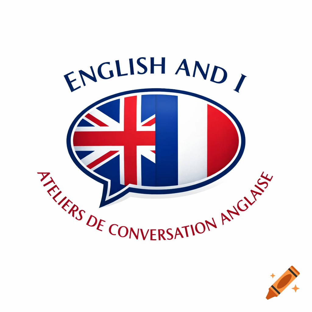 Logo with a speech bubble featuring the UK and French flags, with 'ENGLISH AND I' and 'ATELIERS DE CONVERSATION ANGLAISE' text.