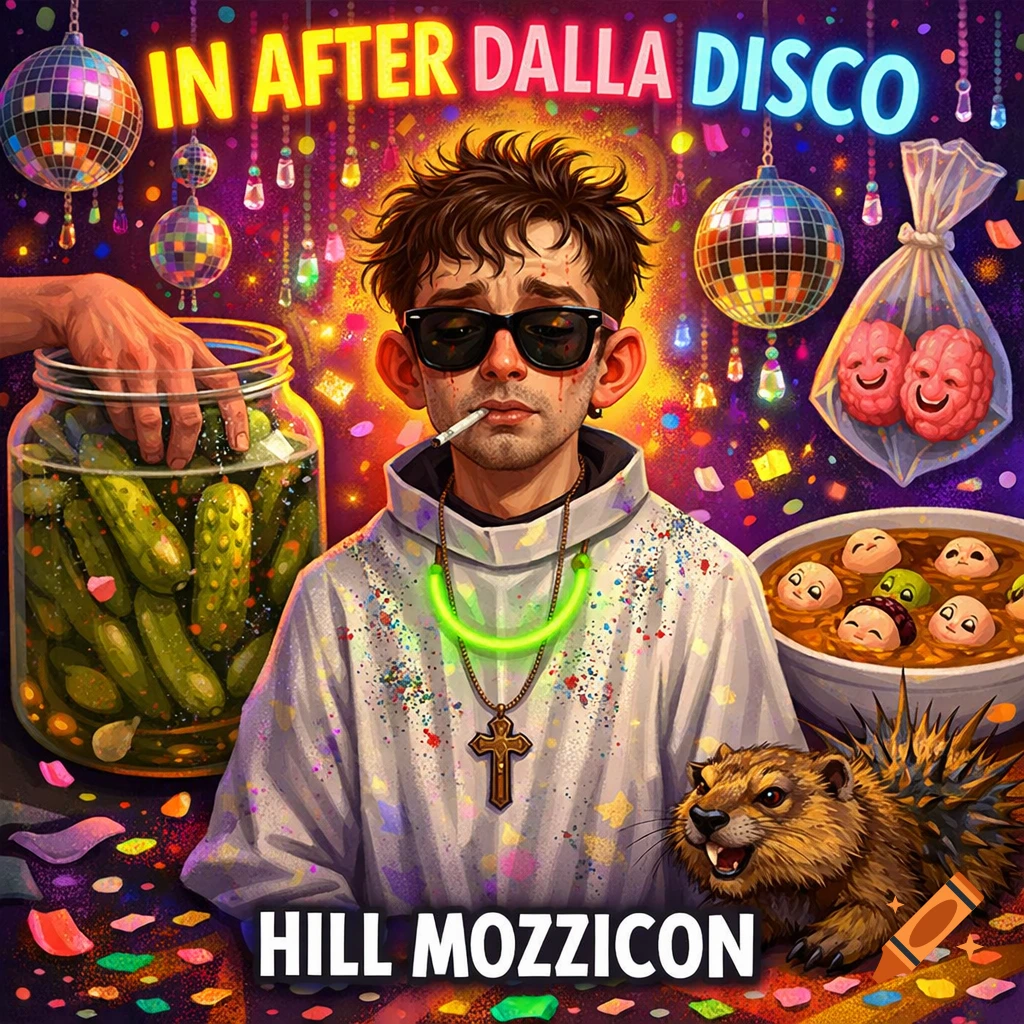 Surreal album cover art featuring a dishevelled man in sunglasses amidst disco balls, pickles, and tiny heads in soup, in a psychedelic, neon after-party scene. Titled "IN AFTER DALLA DISCO" by "HILL MOZZICON".