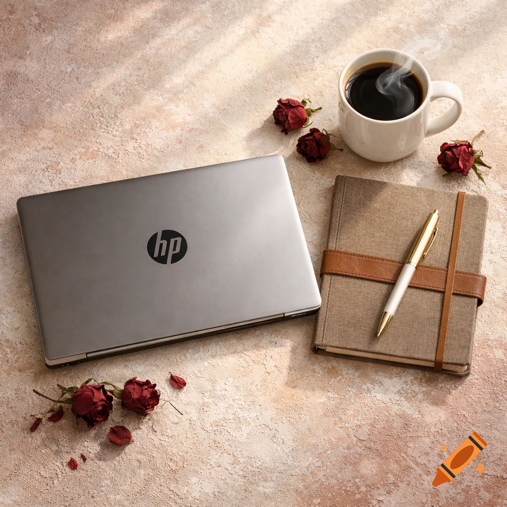 A photorealistic flat lay with a closed HP laptop, a steaming coffee mug, a journal with a pen, and dried red roses on a textured surface in natural light.