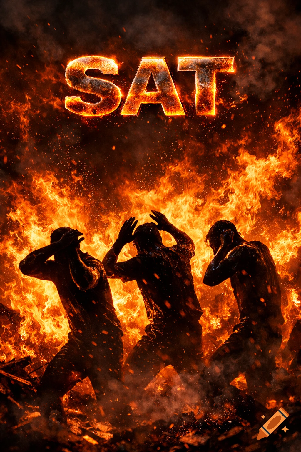 Three silhouetted figures raise their hands amidst intense flames and smoke, with the fiery text 'SAT' above.
