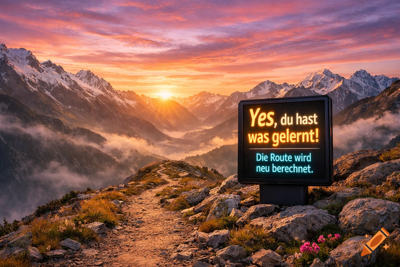 Photorealistic mountain landscape at sunrise with a hiking trail and a digital sign reading 'Yes, du hast was gelernt! Die Route wird neu berechnet.'