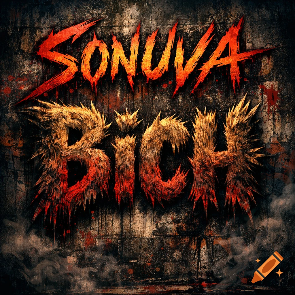A dark, gritty graphic features the word "SONUVA" in sharp, red, dripping letters above "BICH" in furry, spiky, orange and red letters, against a distressed wall with smoke.