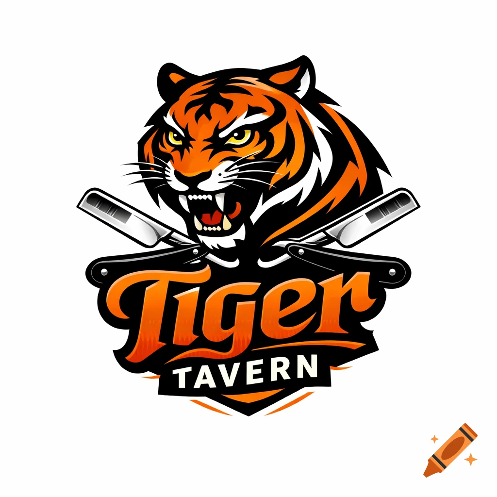 A logo featuring an aggressive orange and black tiger head with crossed straight razors, and text 'Tiger Tavern'.