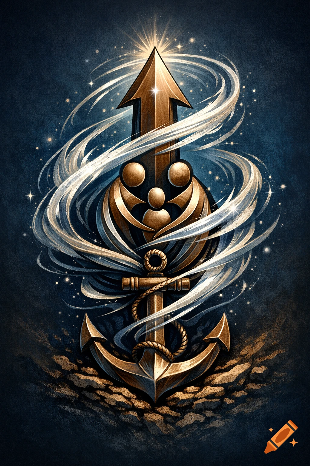 A golden emblem featuring an upward arrow, abstract family figures, an anchor, and swirling wind on a dark, starry background.