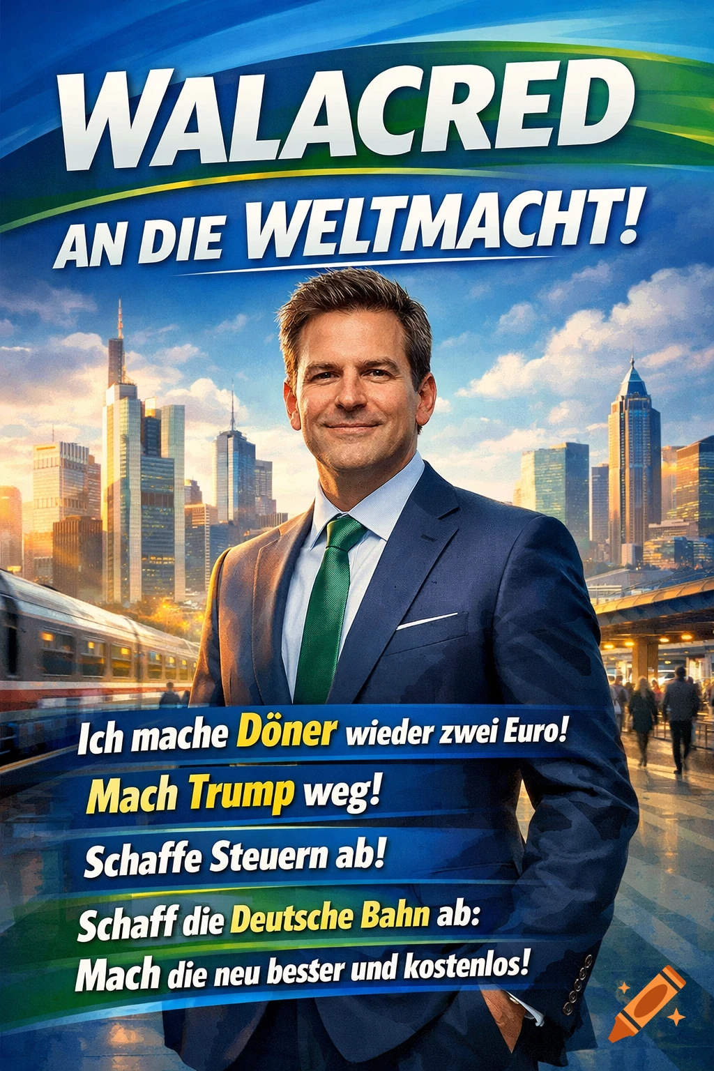 A political poster showing a smiling man in a suit against a city skyline, with text in German announcing election promises.