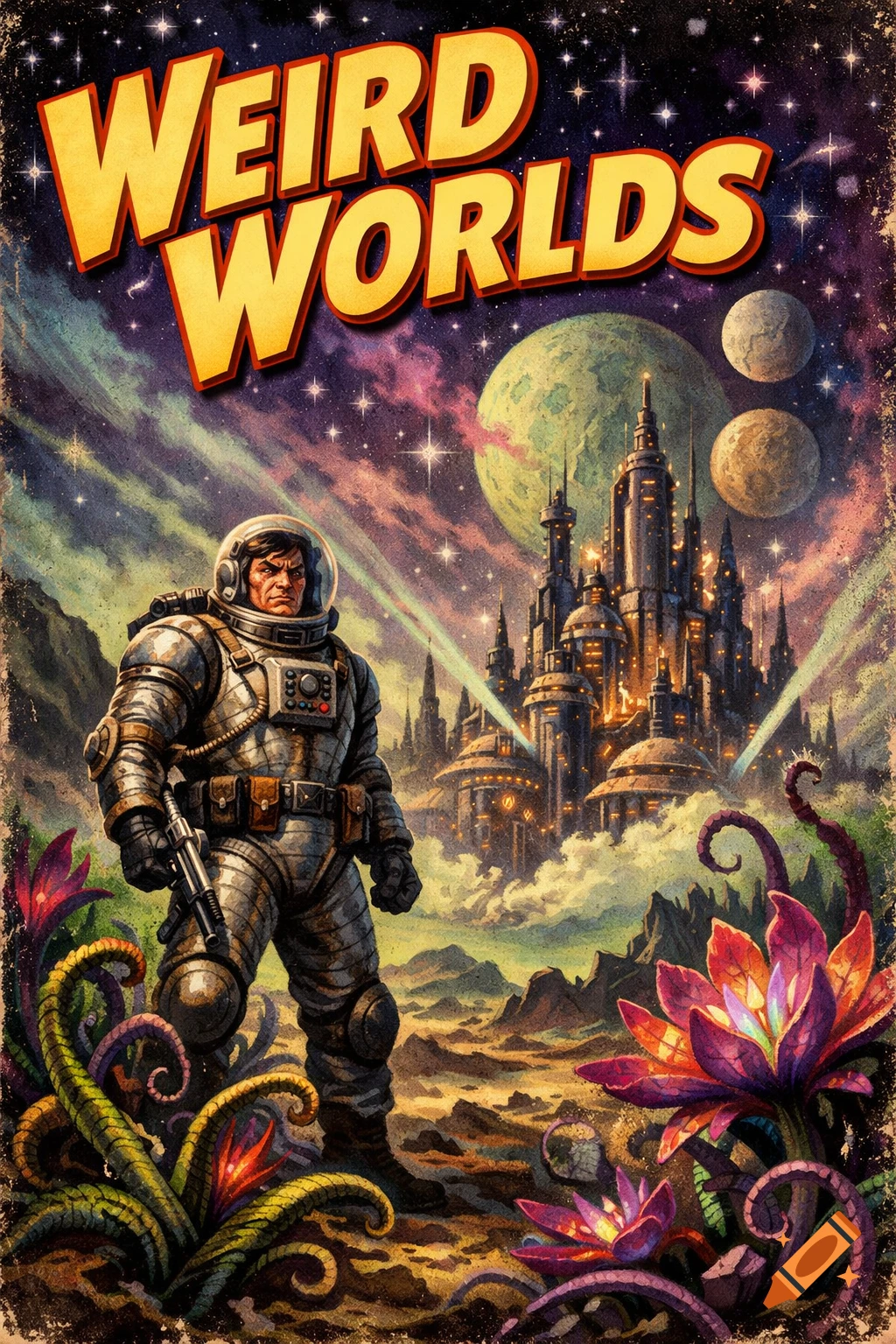 A retro pulp art style image of an astronaut standing on an alien planet with strange plants, a futuristic city, and planets in the sky, with 'Weird Worlds' text at the top.