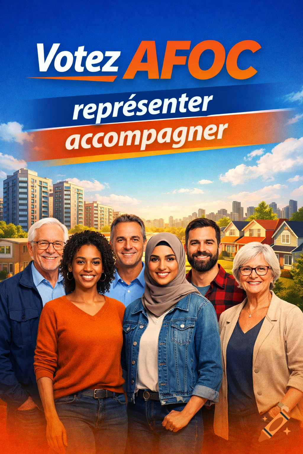 A diverse group of six smiling people stand in front of apartment buildings and houses under a blue sky, with a banner that reads "Votez AFOC représenter accompagner".