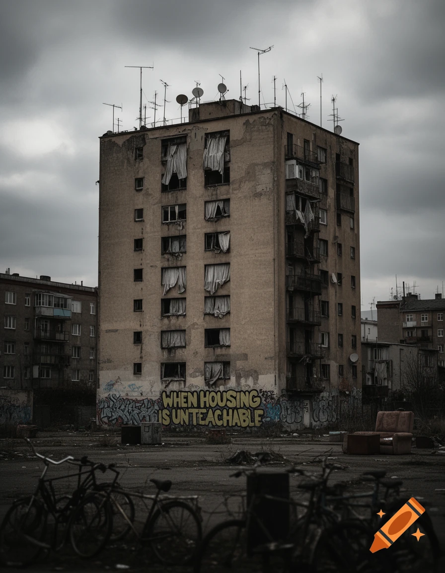 A dilapidated apartment building covered in graffiti that reads 'WHEN HOUSING IS UNTEACHABLE' under a gloomy sky. Bicycles are in the foreground.