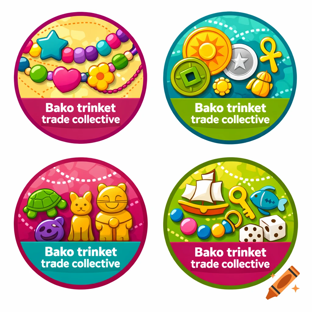 Four colorful circular badges depicting various cartoon trinkets like beads, coins, animals, a sailboat, and dice. Each badge has the text "Bako trinket trade collective" on a bottom banner.