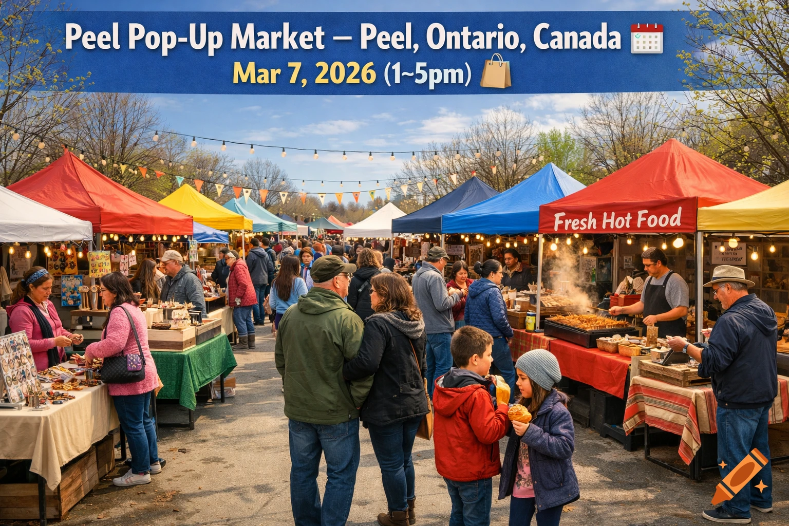 A bustling outdoor pop-up market with many people browsing stalls, colorful tents, and string lights, under a banner for "Peel Pop-Up Market".