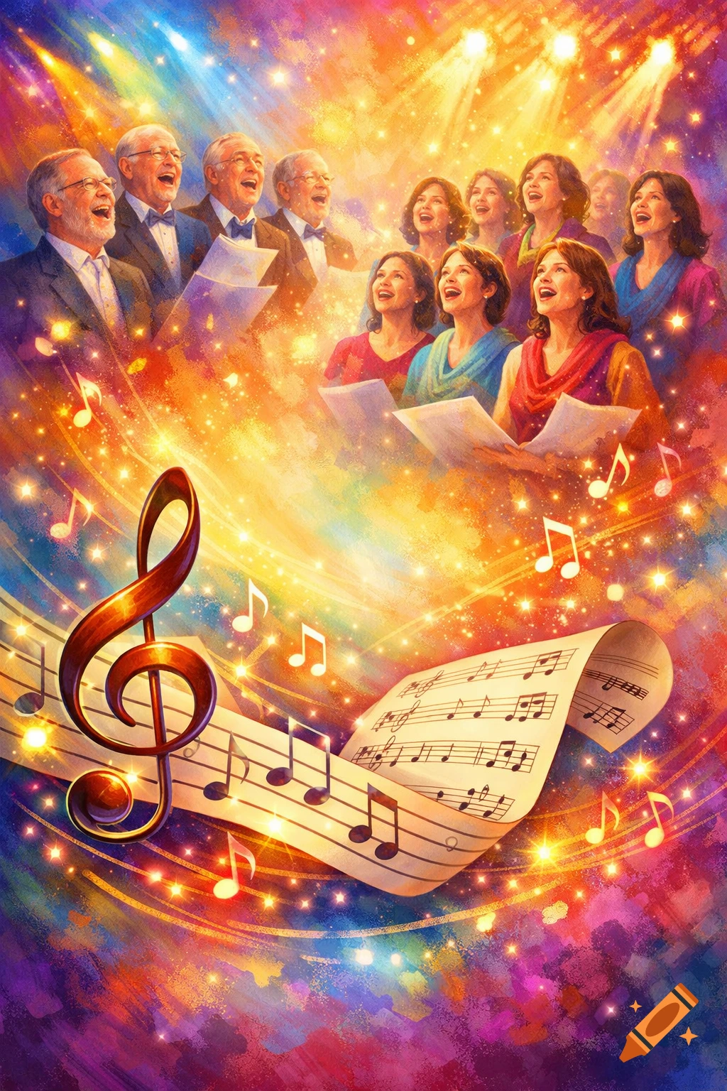 Vibrant illustration of two choirs singing, surrounded by sparkling light effects, with a prominent treble clef and sheet music in the foreground.