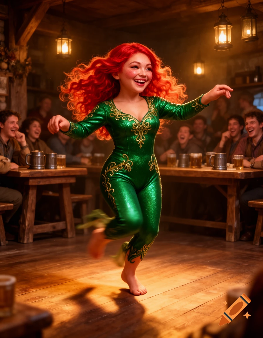 A smiling woman with voluminous red hair dances energetically in a shimmery green costume within a rustic, warmly lit tavern.