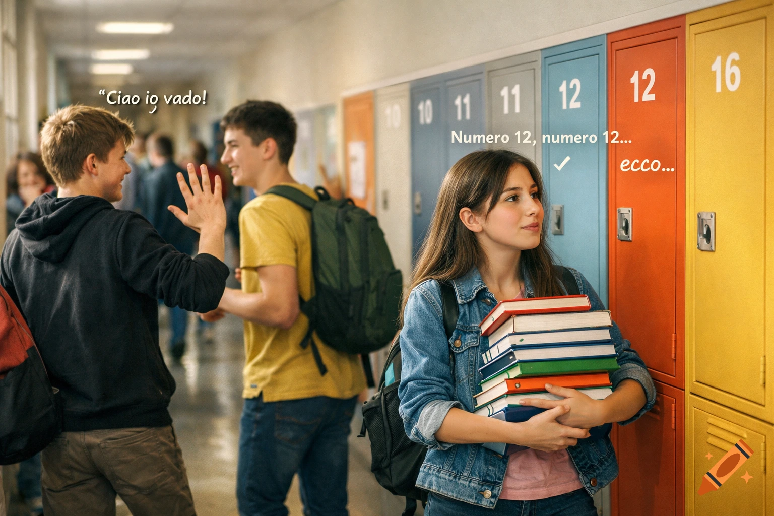 A girl with books looks for her locker while boys greet each other in a school hallway, photorealistic style.