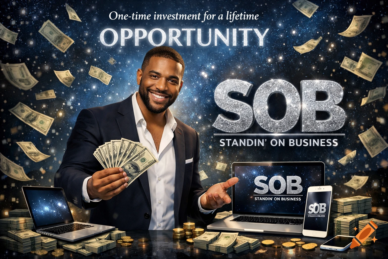 Smiling man in a suit holds money, surrounded by cash, laptops, and phones, under a starry sky with text 'OPPORTUNITY' and 'SOB STANDIN' ON BUSINESS'.