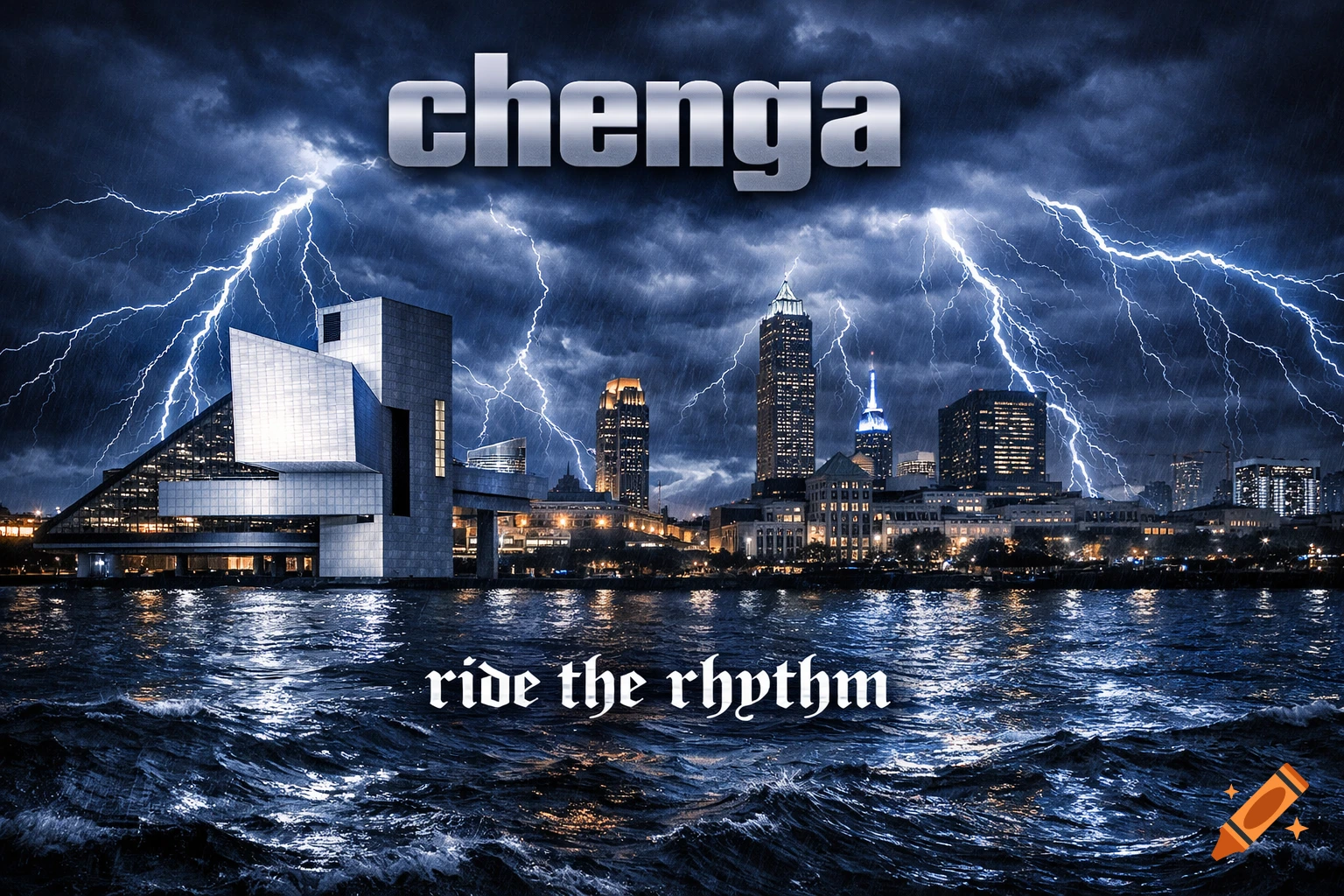 A dramatic image of the Cleveland skyline at night, including the Rock and Roll Hall of Fame, under a stormy sky with lightning over Lake Erie. Text reads "chenga" and "ride the rhythm".