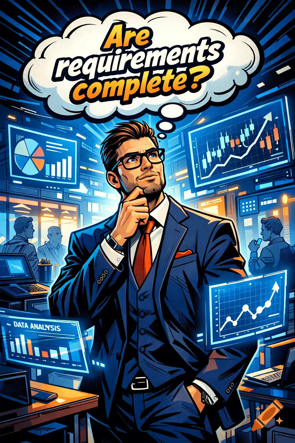 A man in a suit thinks, "Are requirements complete?" surrounded by holographic data screens in a vibrant comic book style.