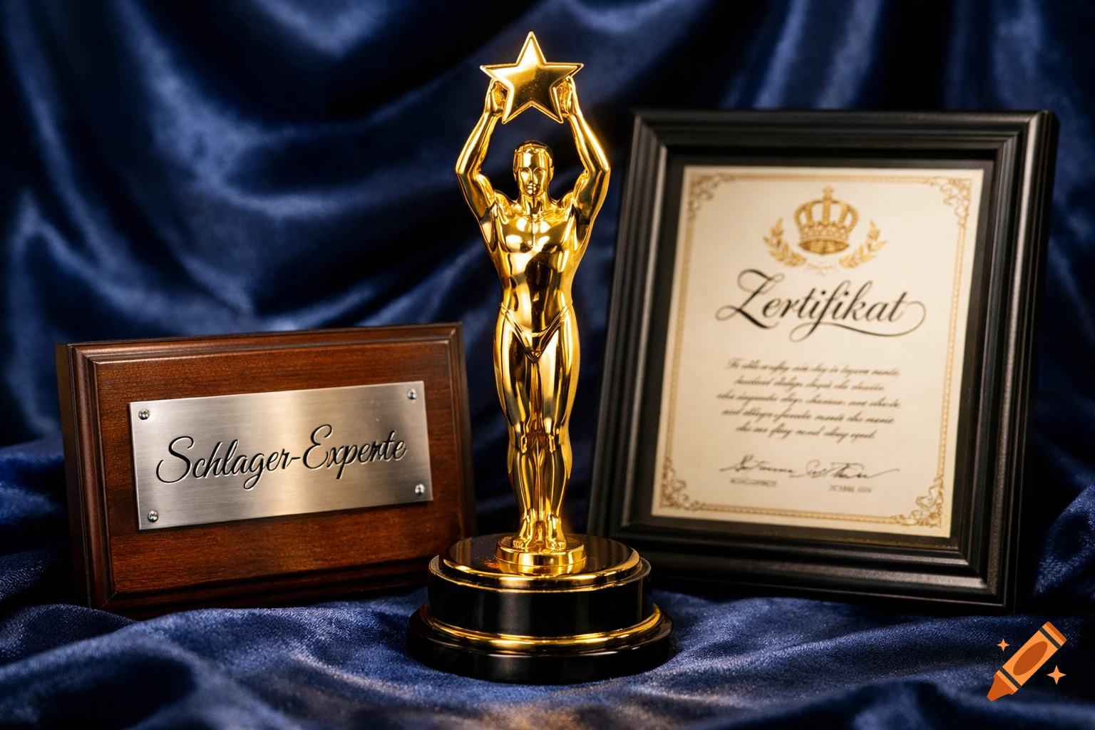 Golden trophy of a man holding a star, a plaque with 'Schlager-Experte', and a framed certificate on a blue satin background.