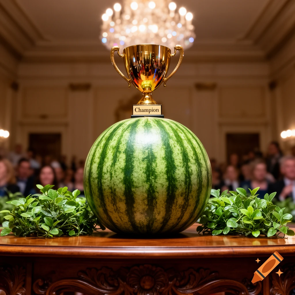 A large watermelon with a gold 'Champion' trophy on top, sitting on a wooden table in a grand hall.